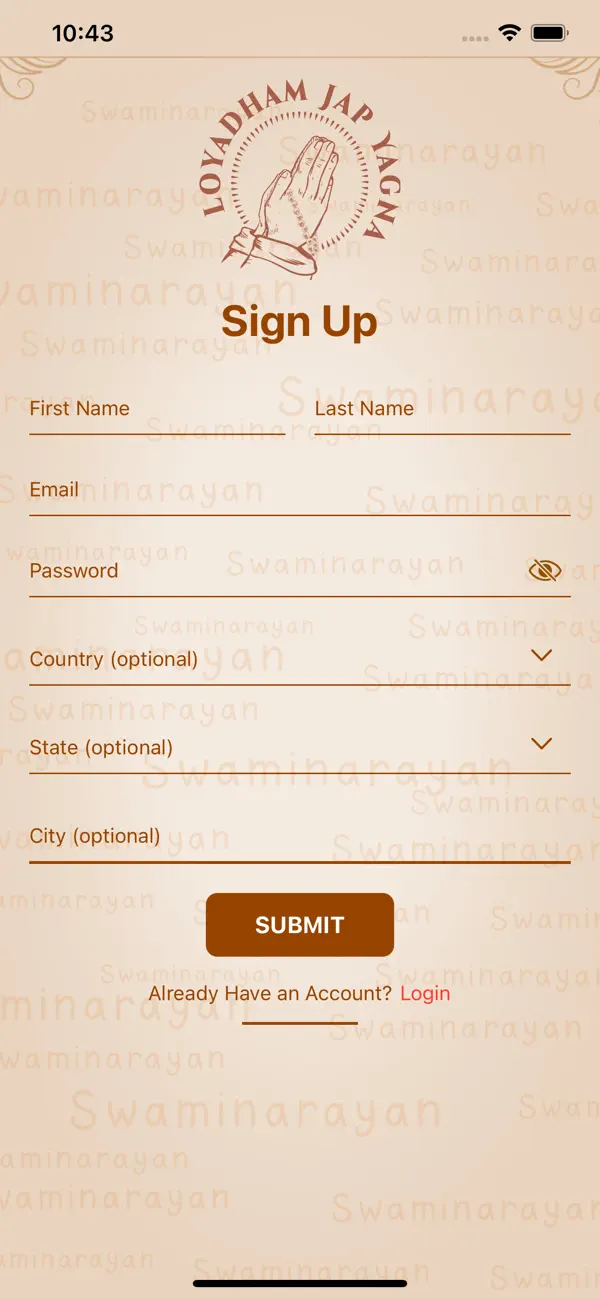 Sign up screen in the Loyadham Jap Yagna app