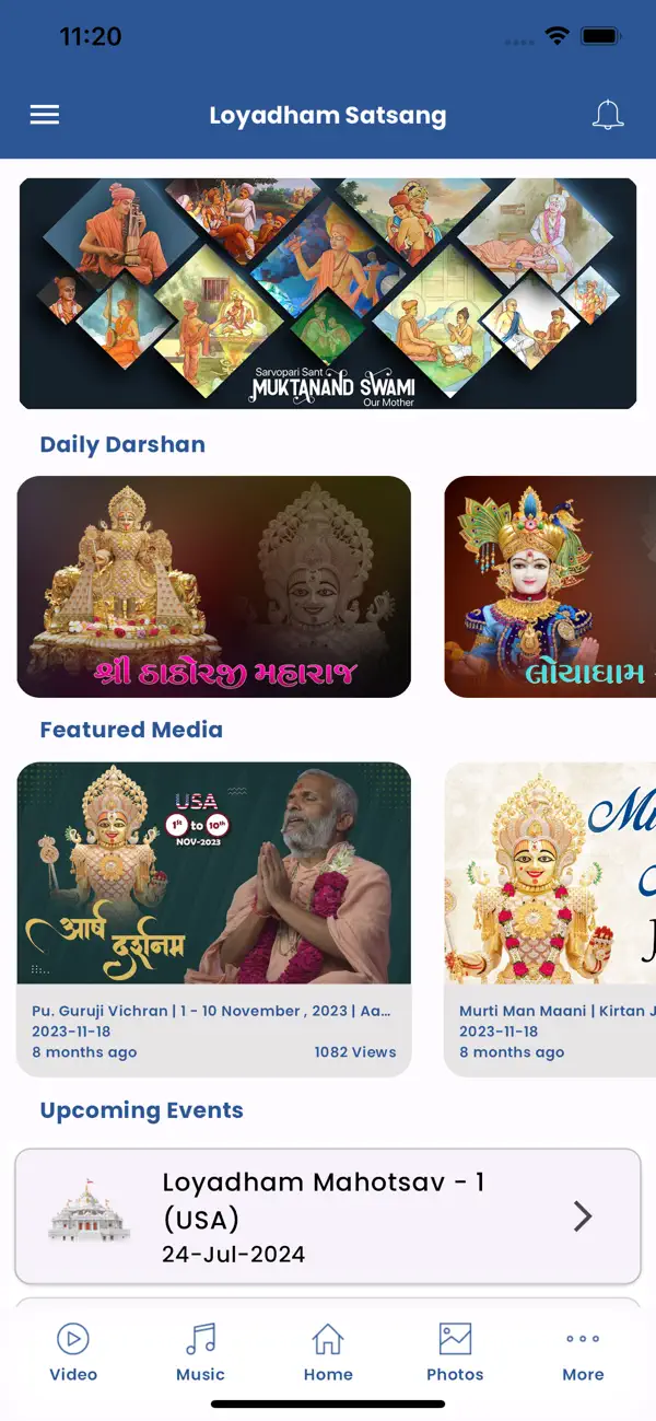 Home screen with Daily Darshan, featured media, and upcoming events in the Loyadham Satsang app