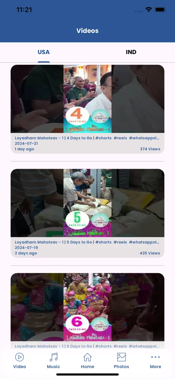 Videos screen with USA and India tabs in the Loyadham Satsang app