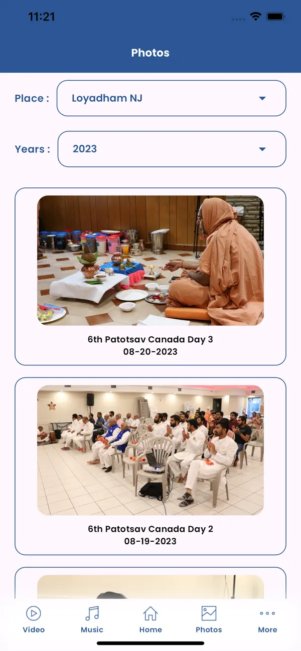 Photo gallery by mandir and year in the Loyadham Satsang app